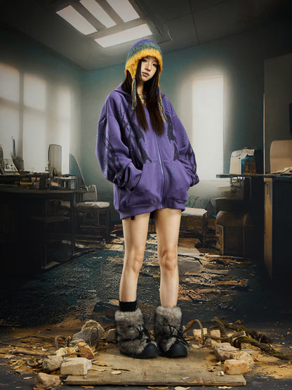 Totem Print Rhinestone Oversize Zipper Hoodie WN22736