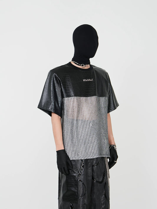 Cutout PU Leather Short Sleeve T-Shirt & Coated Flare Denim Jeans Setup WN17390