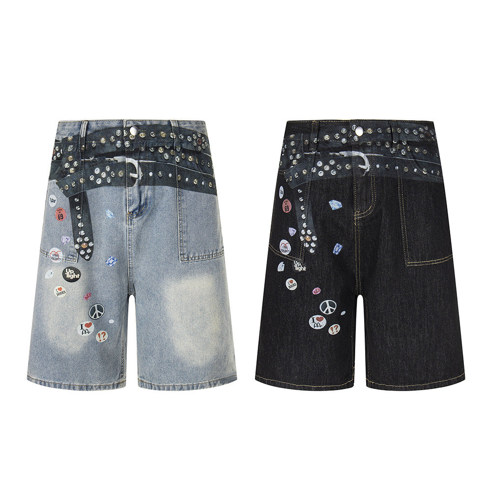 Badge Belt Print Wide Leg Half Denim Jeans WN18522