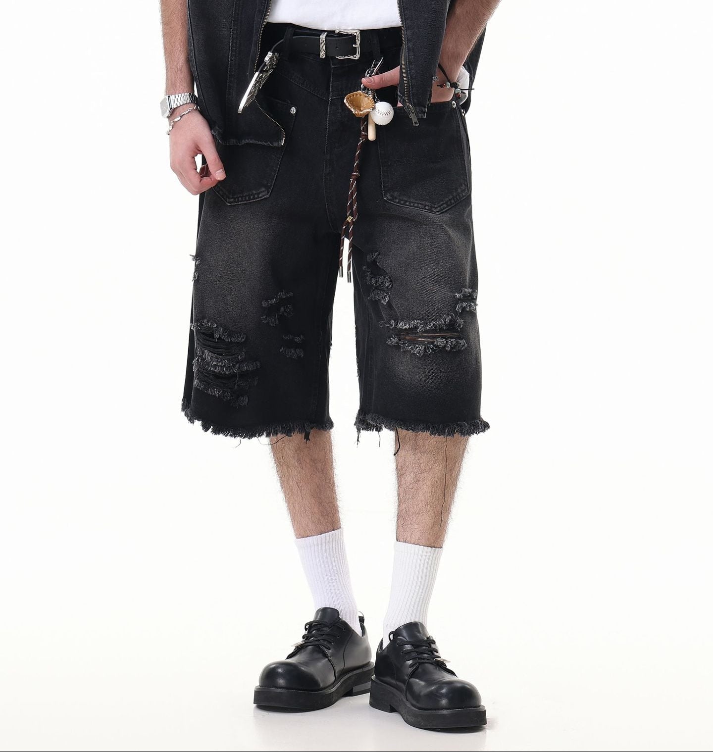 Washed Damage Wide Leg Denim Short Pants WN25596