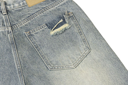 Washed Damage Wide-Leg Straight Denim Jeans WN16206