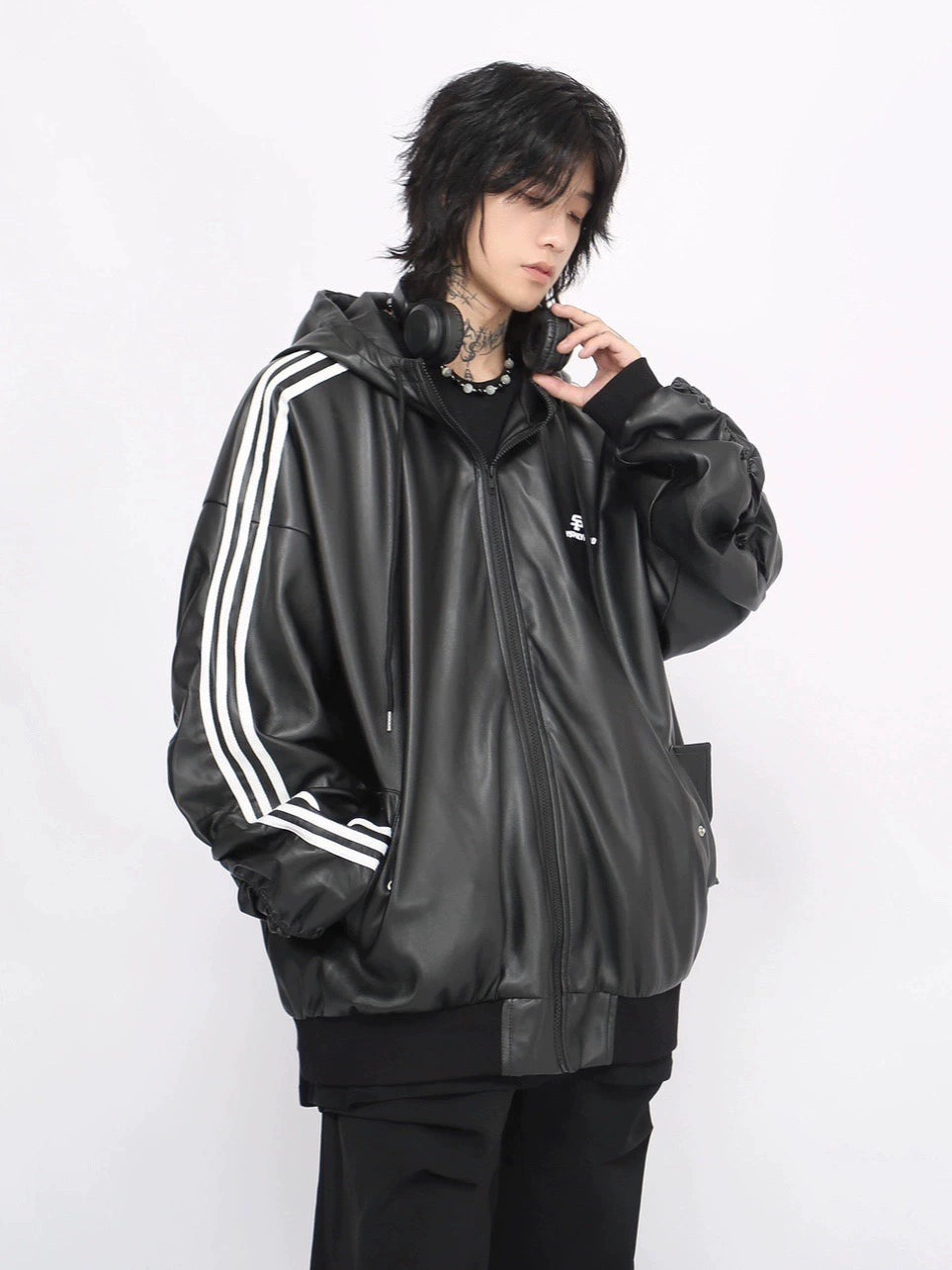 Oversize Sporty PU Leather Hooded Jacket WN8376