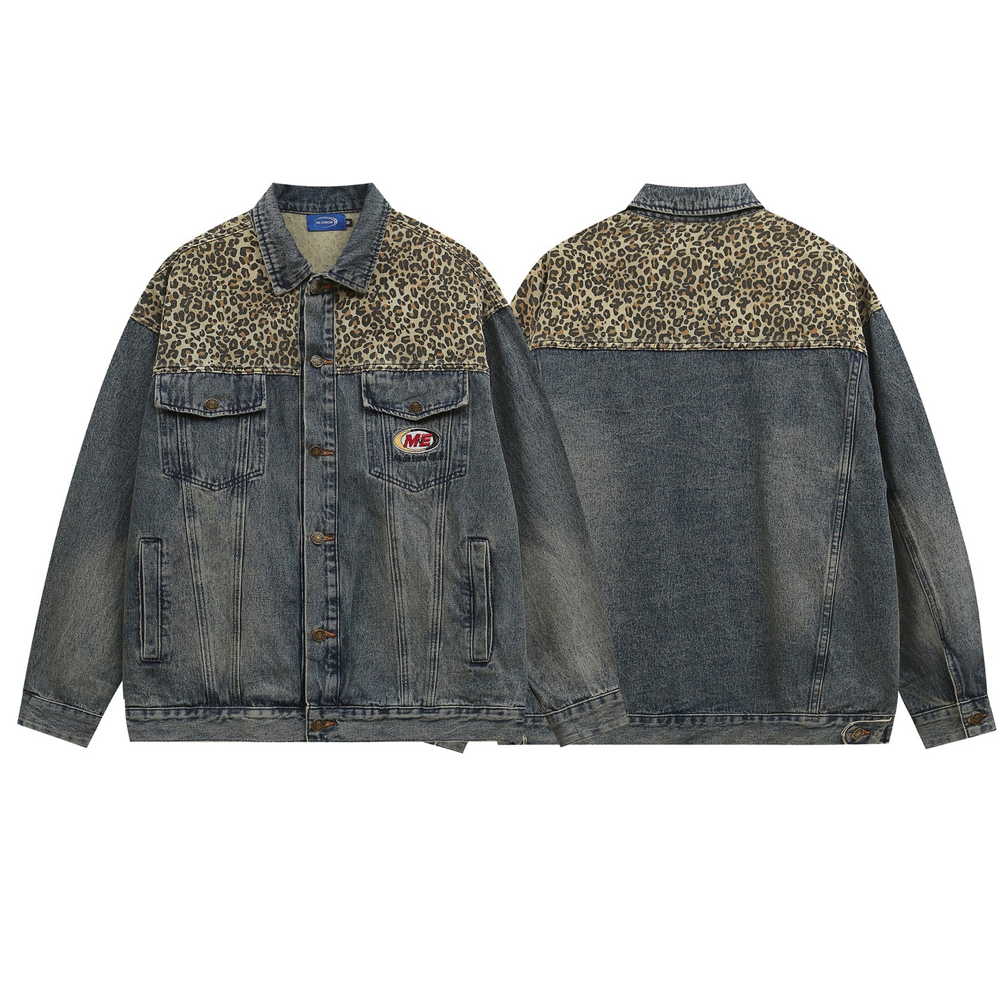 Chaqueta de mezclilla de mosaico de estampado de leopardo WN11440