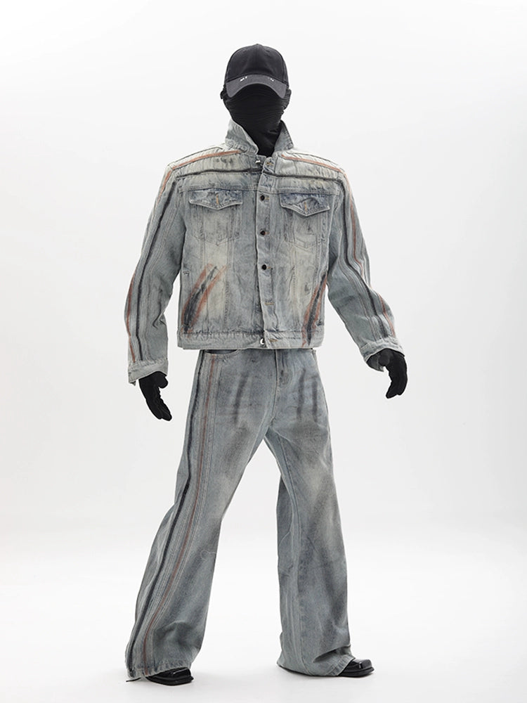 Washed Shoulder-Pad Denim Jacket ＆ Straight Denim Jeans Setup WN18655
