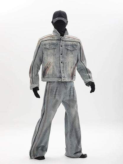 Washed Shoulder-Pad Denim Jacket ＆ Straight Denim Jeans Setup WN18655
