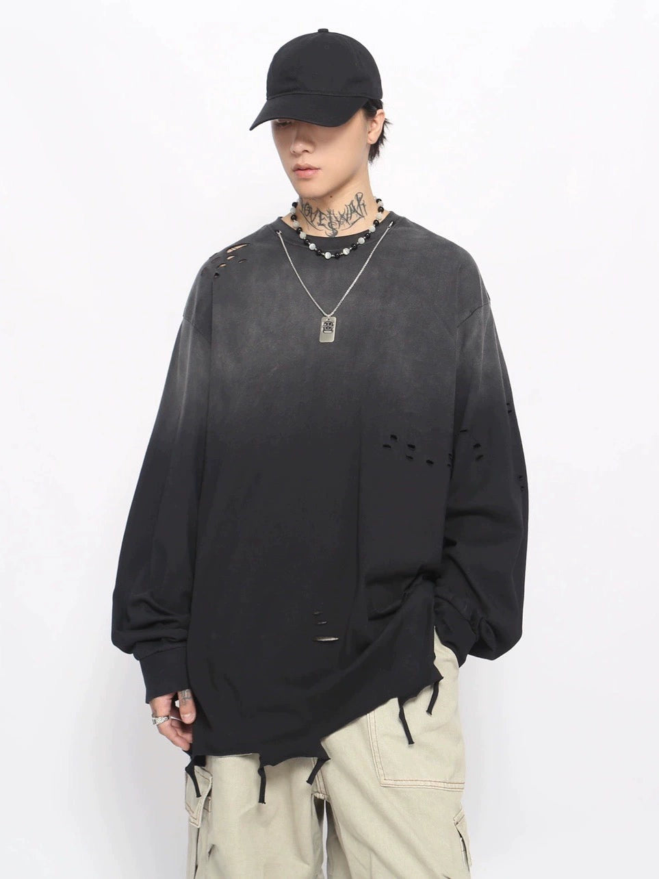 Washed Damage Hem Long Sleeve T-Shirt WN10887