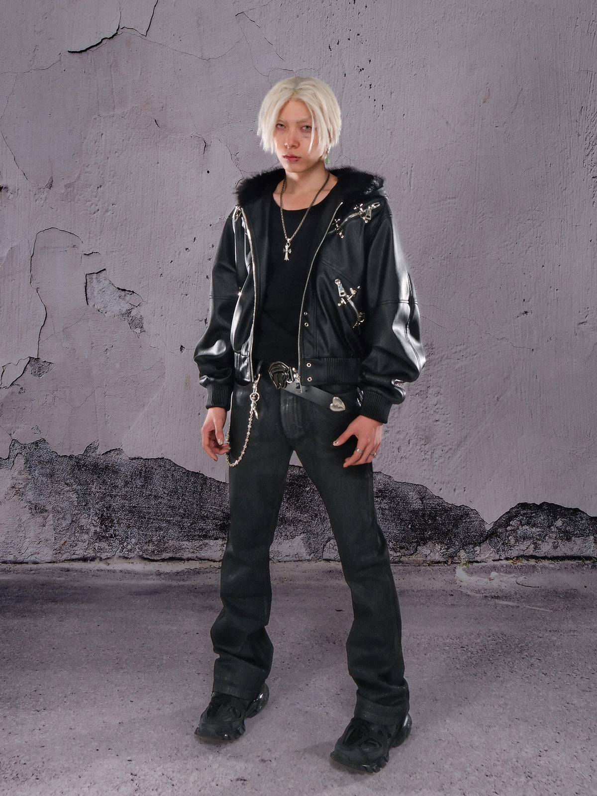 Studs Cross Zip PU Leather Jacket WN26671