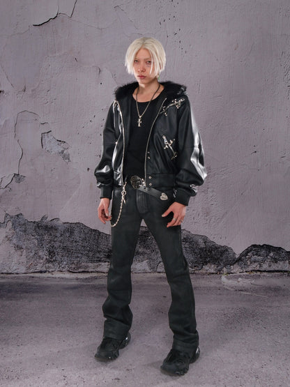 Studs Cross Zip PU Leather Jacket WN26671