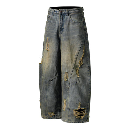 Washed Paint Splatter Ripped Curved Leg Denim Jeans WN26825