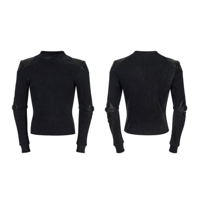 PU Leather Patch Washed Slim Long Sleeve T-Shirt WN22128