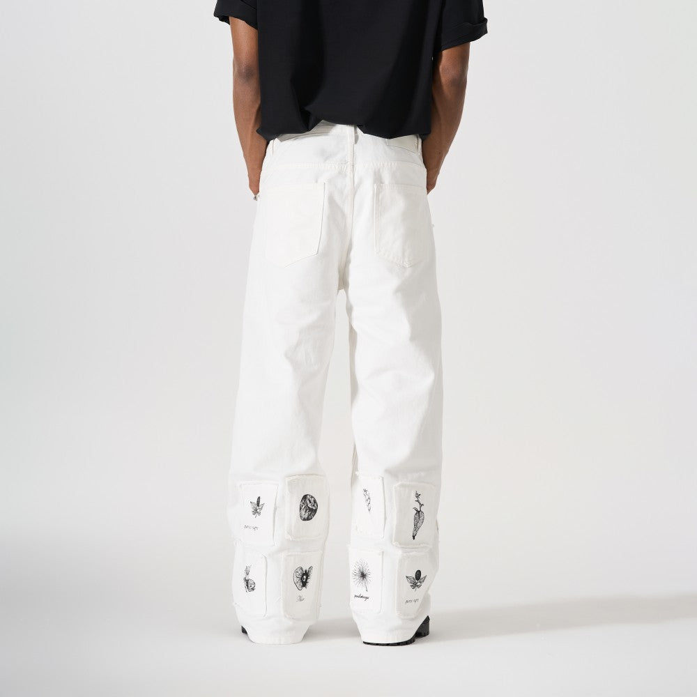 Deconstructed Sketch Applique Print Wide Leg Denim Jeans WN27884