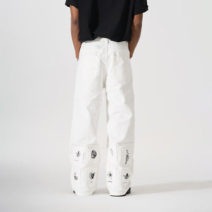 Deconstructed Sketch Applique Print Wide Leg Denim Jeans WN27884
