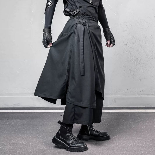 Irregular Fake Layered Ribbon Strap Cropped Wide Leg Pants WN22497