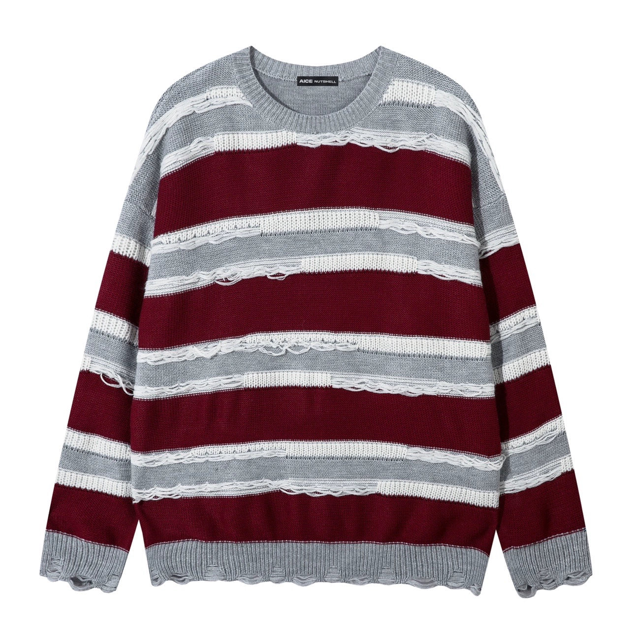 Stripe Damage Round Neck Oversize Knit Sweater WN10891