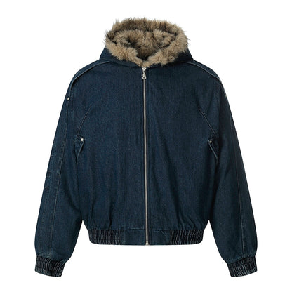 Fake Fur-Collar Deconstructed Thick Denim Jacket WN22110