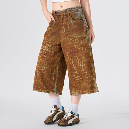Reptile Print Wide Leg Denim Half Jeans WN28029