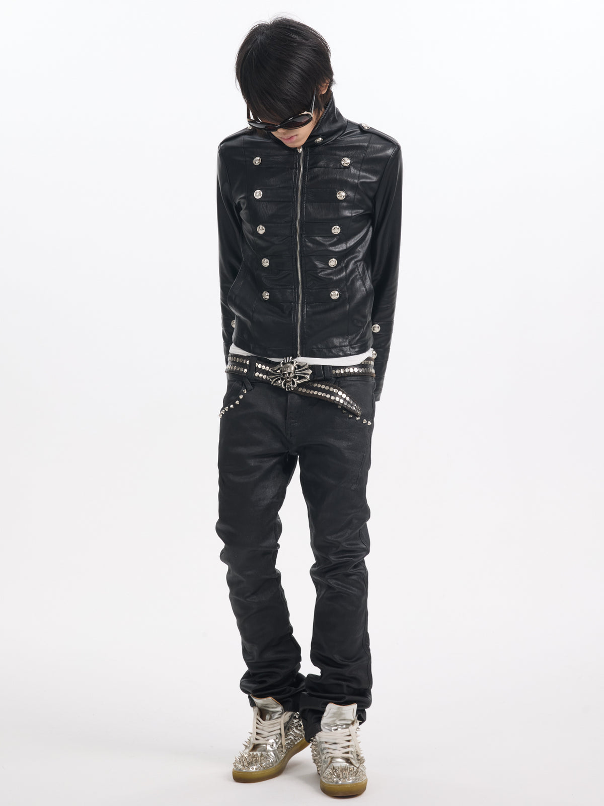 Stand Neck Button Detail PU Leather Jacket WN27241