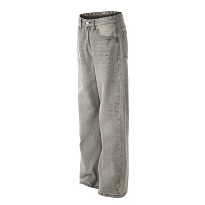 Washed Damage Straight Wide Leg Denim Jeans WN25672
