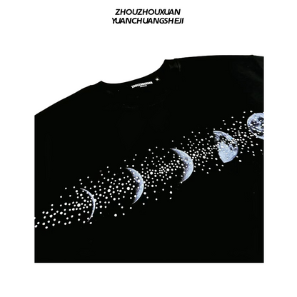 Rhinestone Moon Print Heavyweight Oversize Short Sleeve T-Shirt WN20705