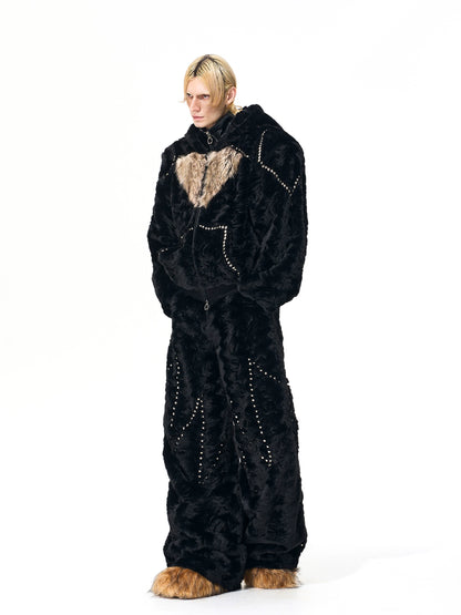 Colorblock Heart Thick Fake Mink Fur Hooded Jacket & Straight Wide Leg Pants Setup WN21838