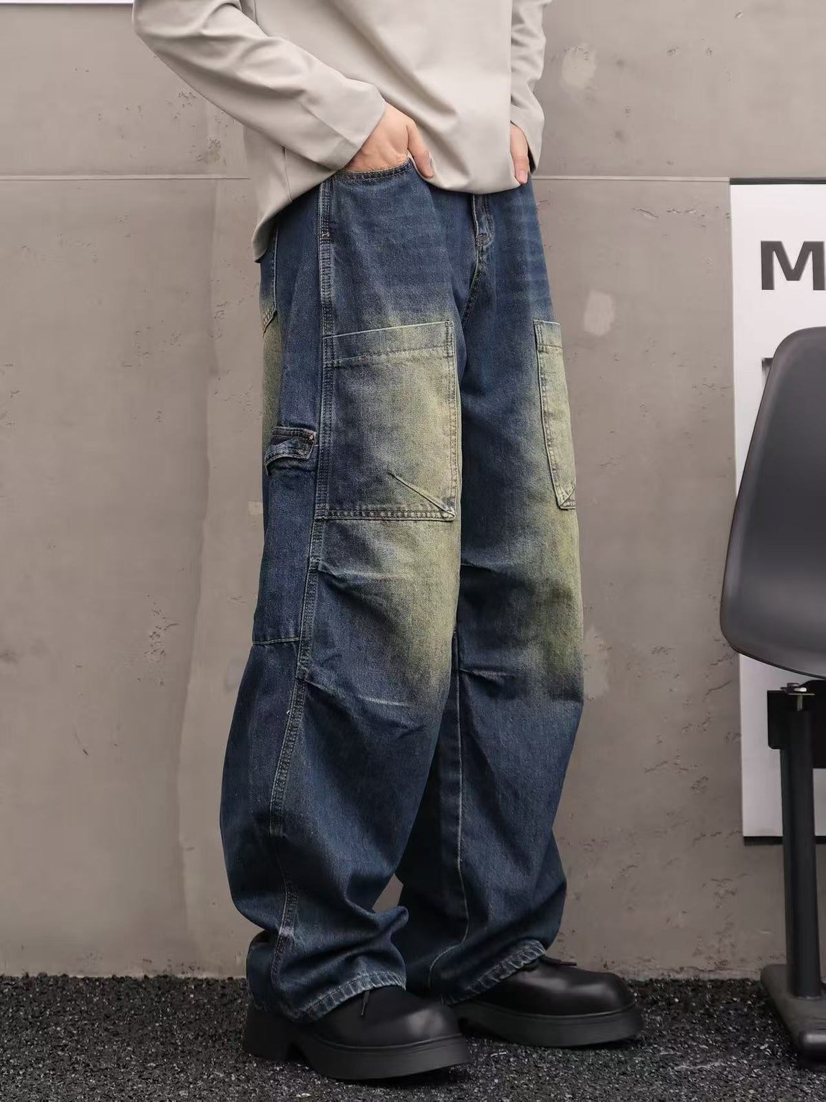 Washed Multi-Pocket Wide Leg Denim Jeans WN27916