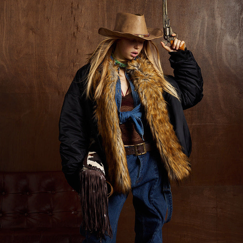 Zipper Pocket Fake Fur Collar Fleece Lining Puffer Jacket WN21890