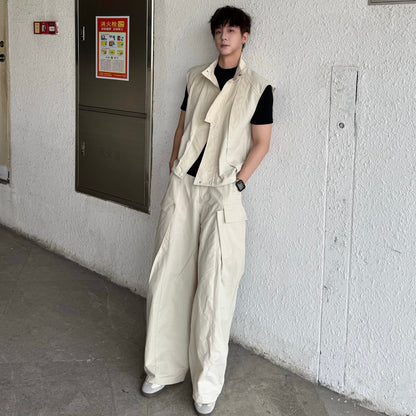 Standing-Collar Sleeveless Multi-Pocket Jacket & Multi-Pocket Wide Leg Cargo Pants Setup WN25236