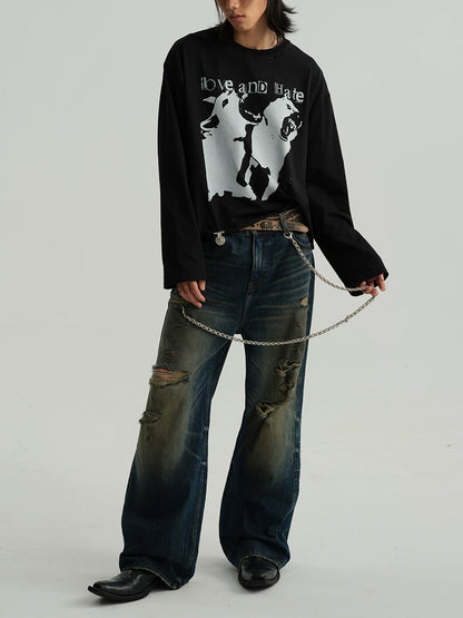 Damage Wide-Leg Straight Denim Jeans WN8556