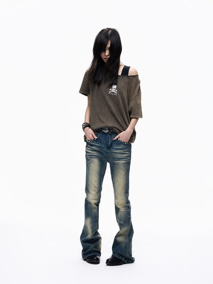 Skull Print Off-Shoulder Fake Layered Short Sleeve T-Shirt WN27279