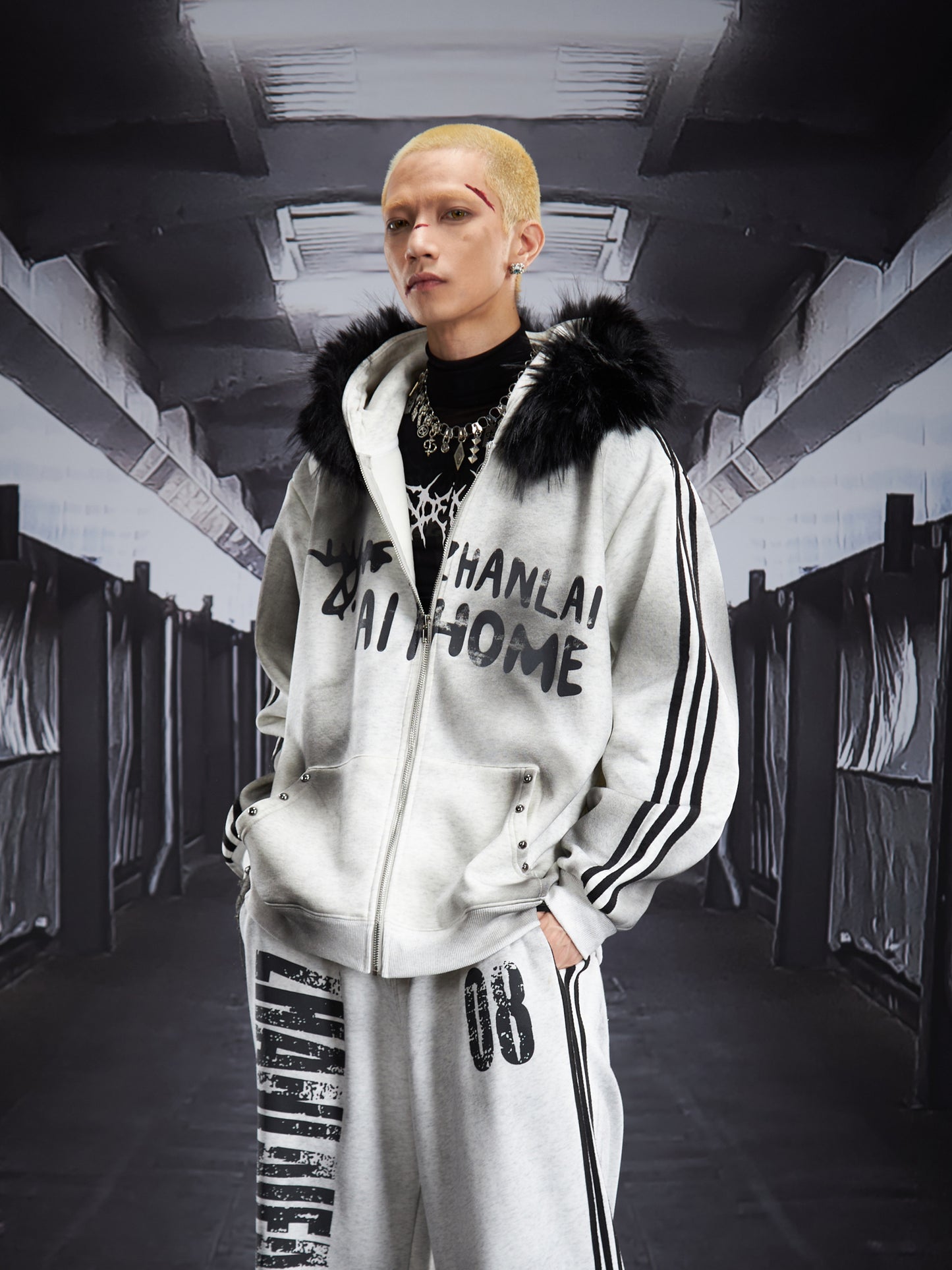 Print Fake Fur Zipper Hoodie & Print Wide Leg Sweatpants Setup WN22792