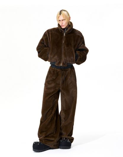 Reversible Fake Fur Stand Neck PU Leather Jacket & Pants Setup WN21827