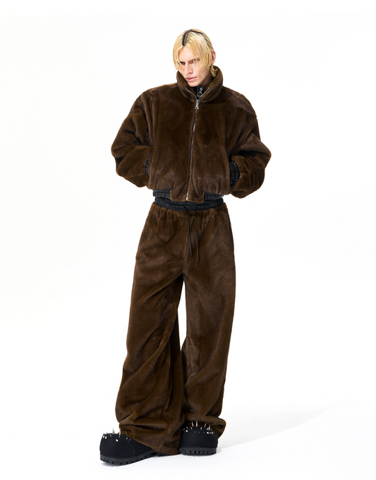 Reversible Fake Fur Stand Neck PU Leather Jacket & Pants Setup WN21827