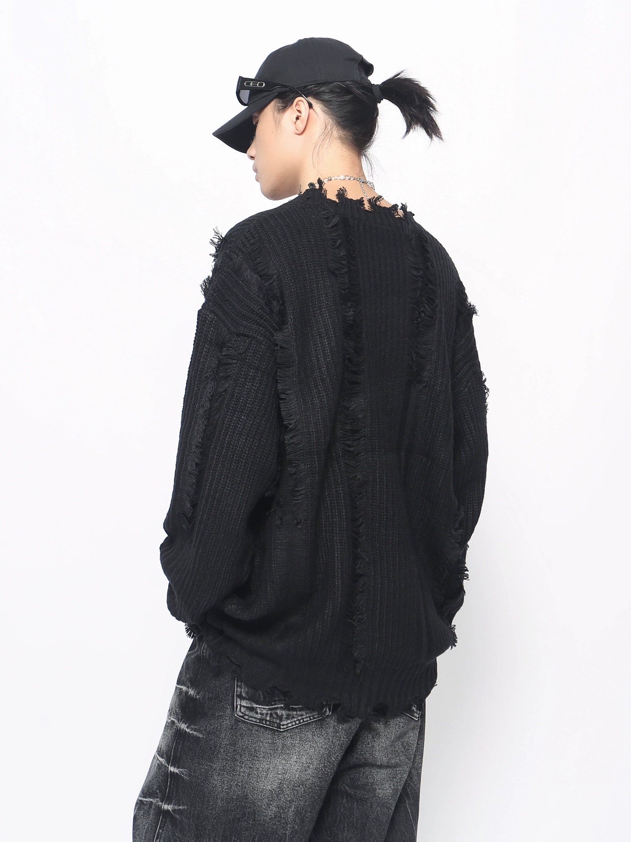 Damage Fringe Detail Asymmetric Oversize Knit Sweater WN10905