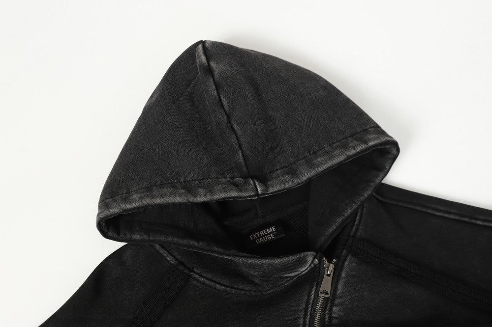 Diagonal Zipper Deconstructed Washed Oversize Hoodie WN27849
