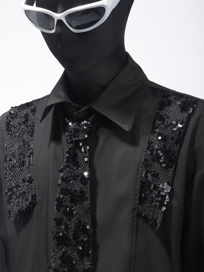 Sequin Design Tie Long Sleeve Shirt WN23741