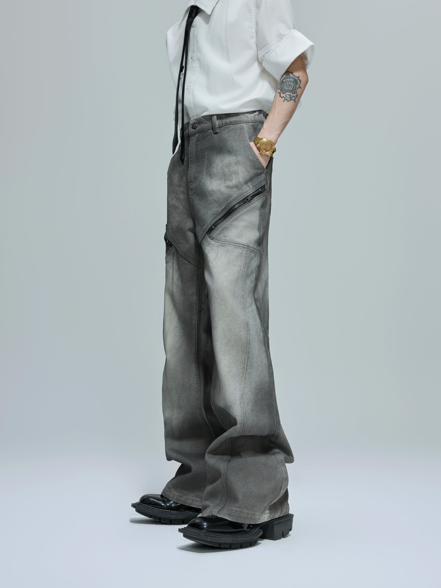 Washed Shoulder-Pad Denim Jacket & Zipper Flare Denim Jeans Setup WN21760