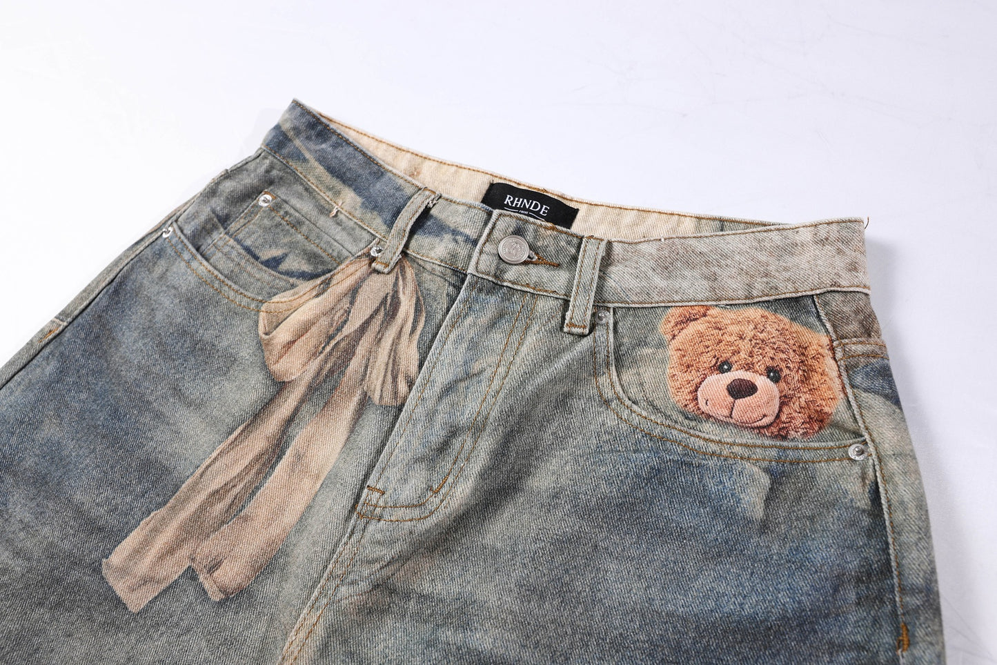 Washed 3D Graphic Print Wide Leg Denim Jeans WN26139