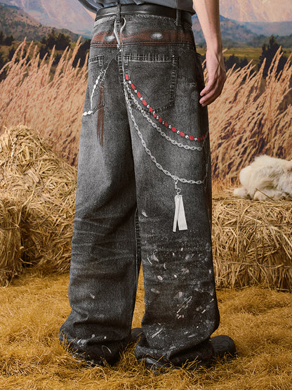 Chain Detail Paint Print Wide Leg Denim Jeans WN23228