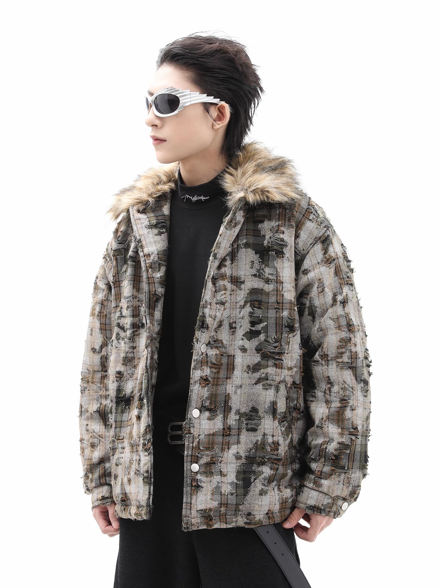 Detachable Fur Plaid Thickened Puffer Jacket WN10358