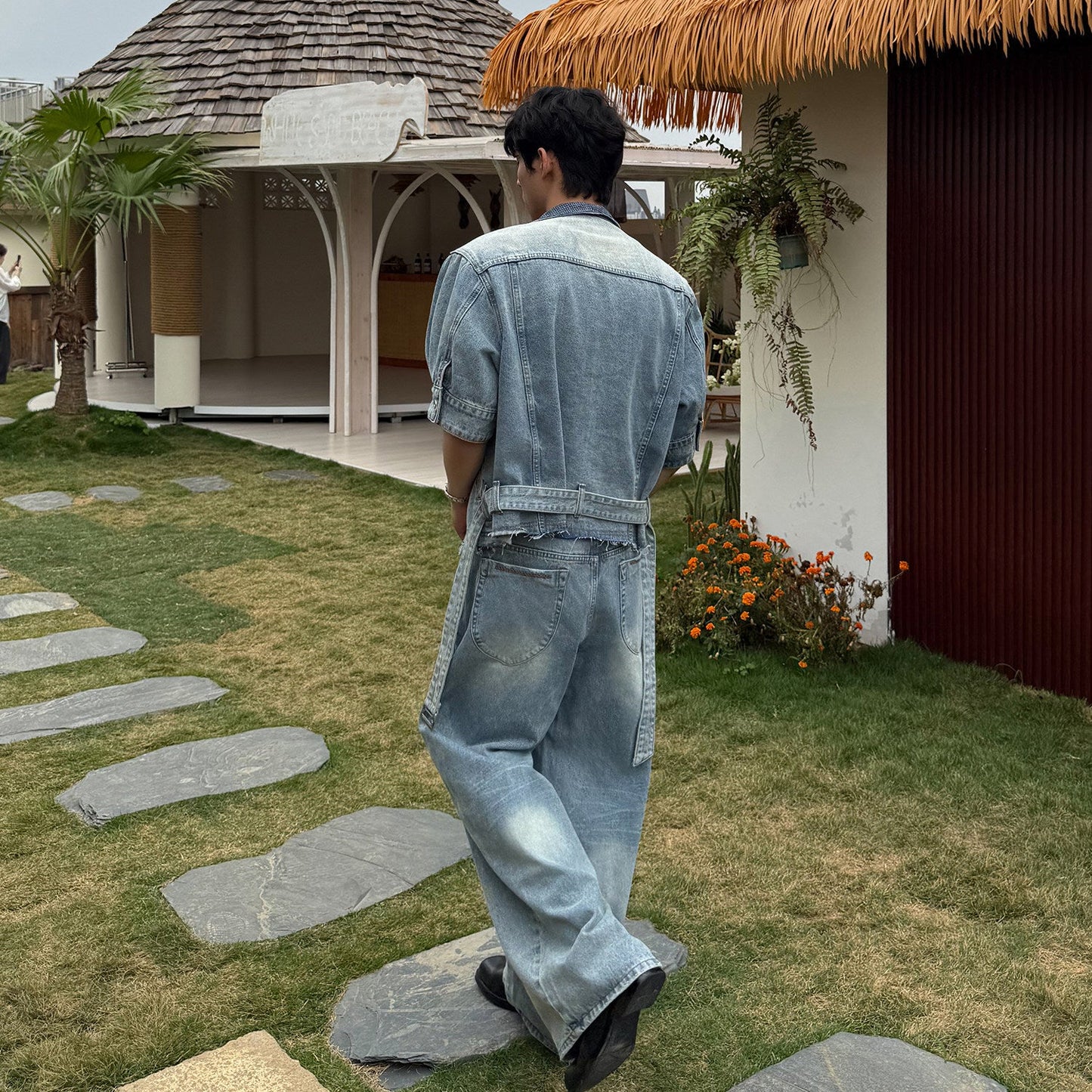 Washed Denim Short Sleeve Shirt & Damage Wide Leg Denim Jeans Setup WN24877