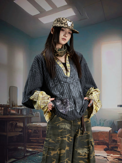 Fake Layered V-Neck Patchwork Long Sleeve T-Shirt WN21358