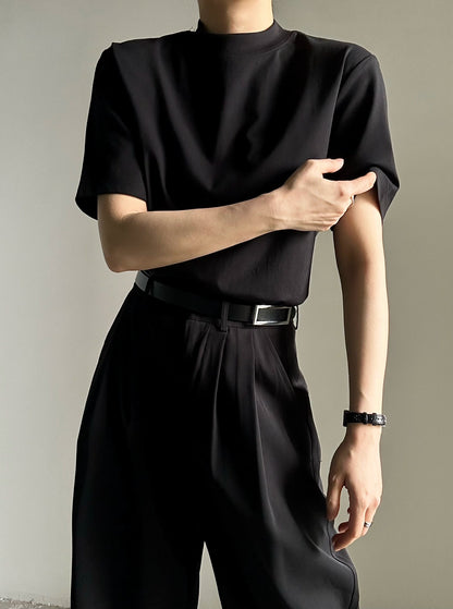 High-Neck Plain Short Sleeve T-Shirt WN19627