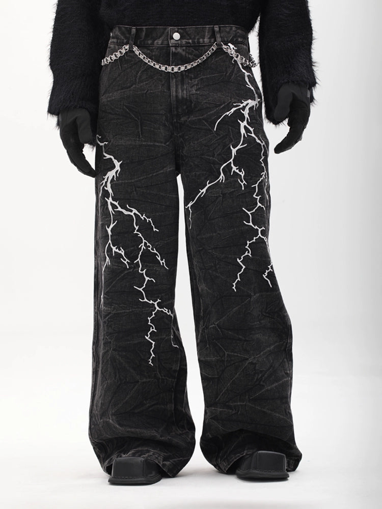 Lightning Embroidery Wide Leg Denim Jeans WN18727