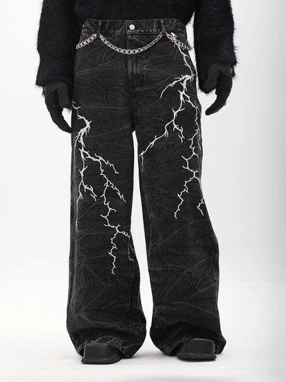 Lightning Embroidery Wide Leg Denim Jeans WN18727