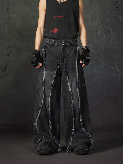Frayed Studs Washed Wide-leg Denim Jeans WN15217