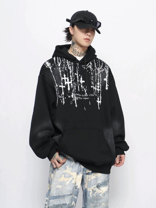 Cross Print Fleece Linning Oversize Pullover Hoodie WN10934