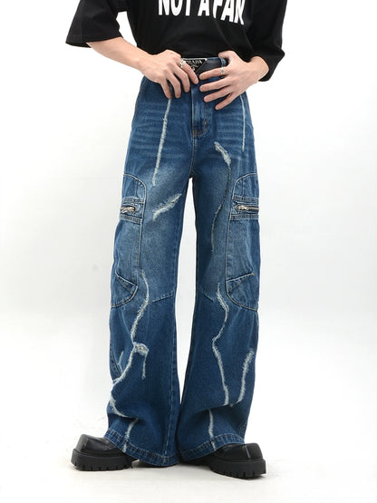 Damage Wide Leg Long Denim Jeans WN6148