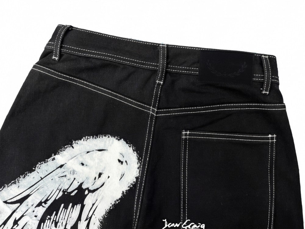 Wing Graphic Multi-Pocket Wide Leg Denim Jeans WN28114