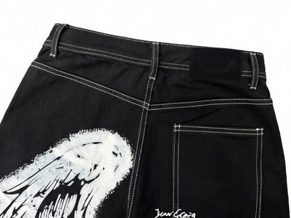Wing Graphic Multi-Pocket Wide Leg Denim Jeans WN28114