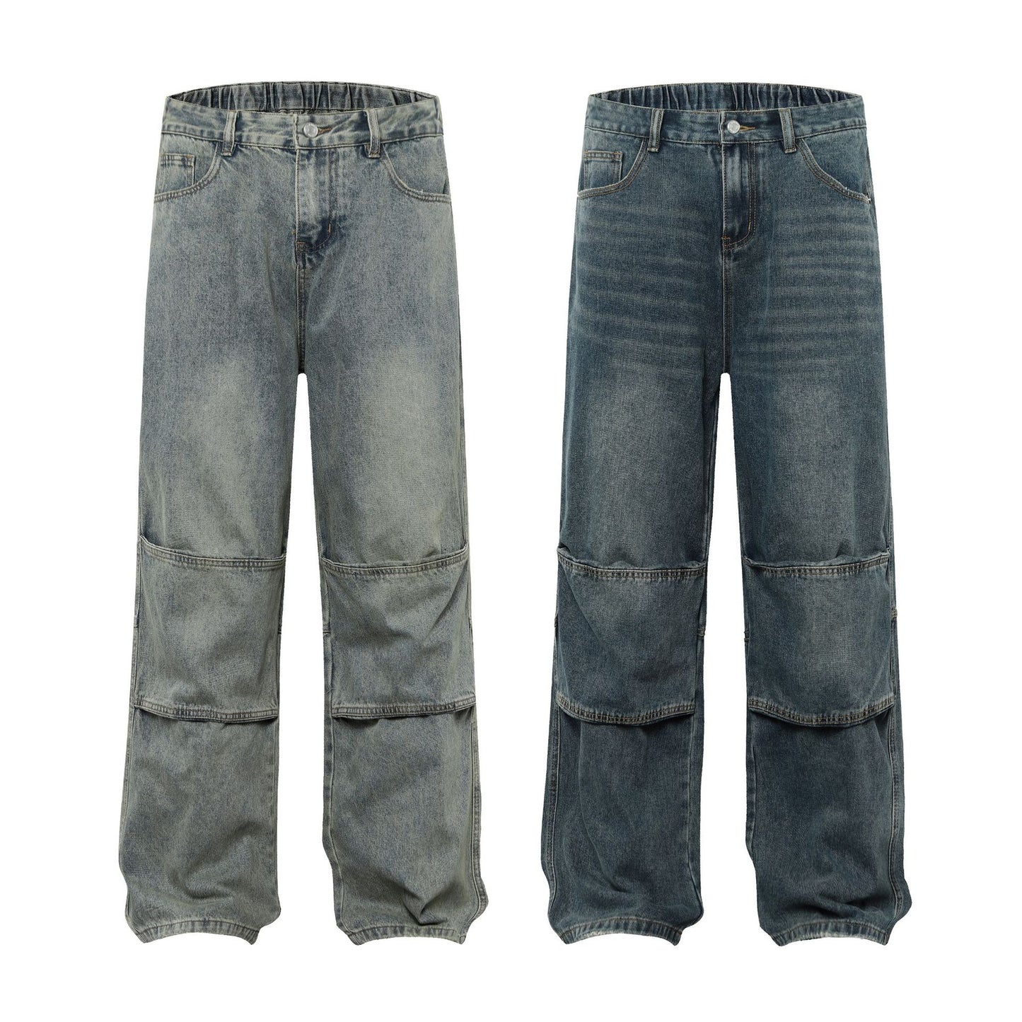 Washed Pleats Patchwork Wide Leg Denim Jeans WN26071